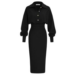 Commense Black Cinched Waist Knit Midi Dress Gold Buttons NWT XS